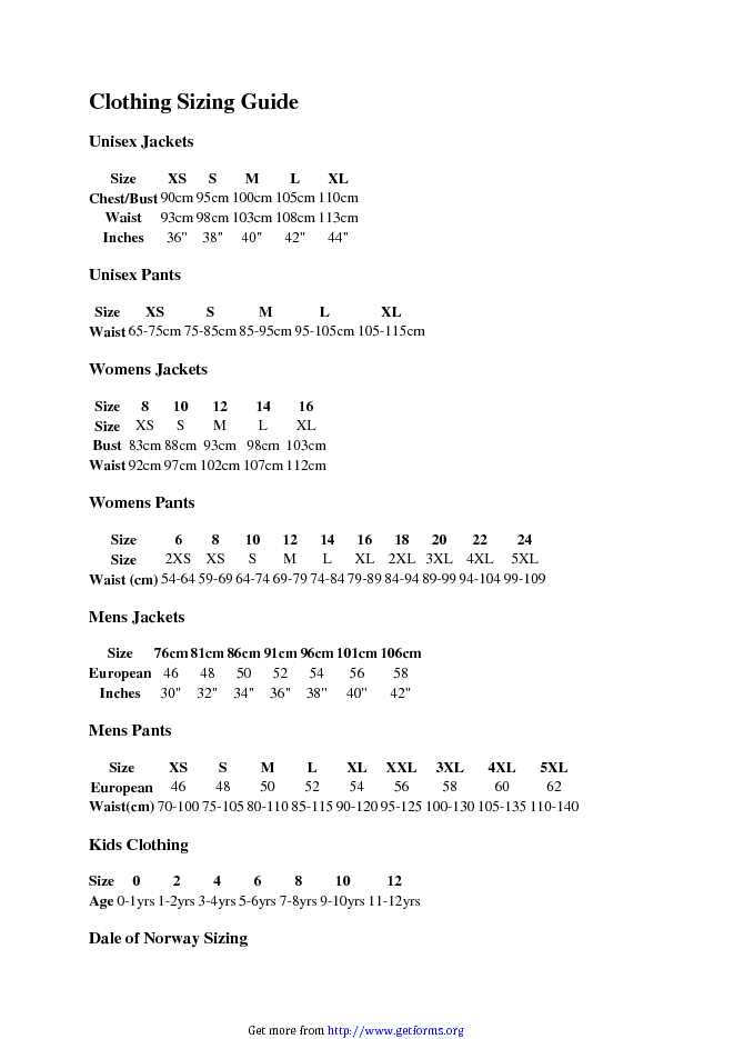 Clothing Sizing Chart