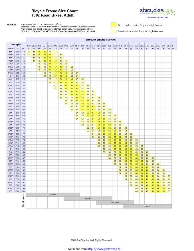 700c Road Bicycle Frame Size Chart