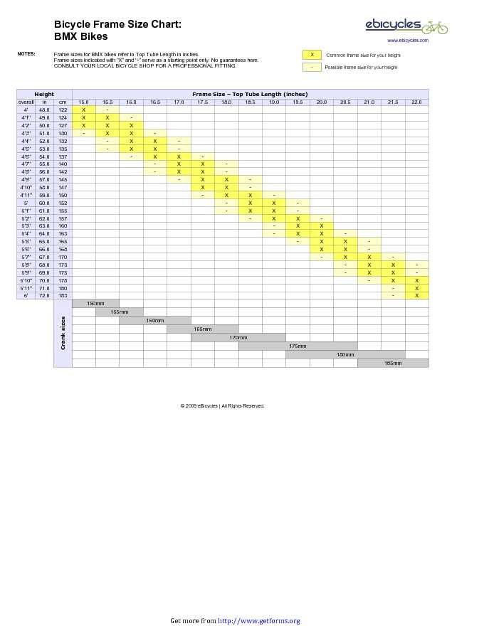 BMX Bicycle Frame Size Chart