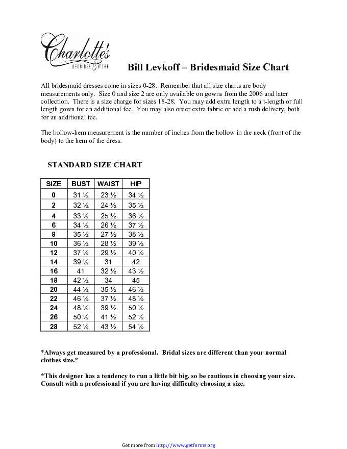 Bill Levkoff Bridesmaid Size Chart