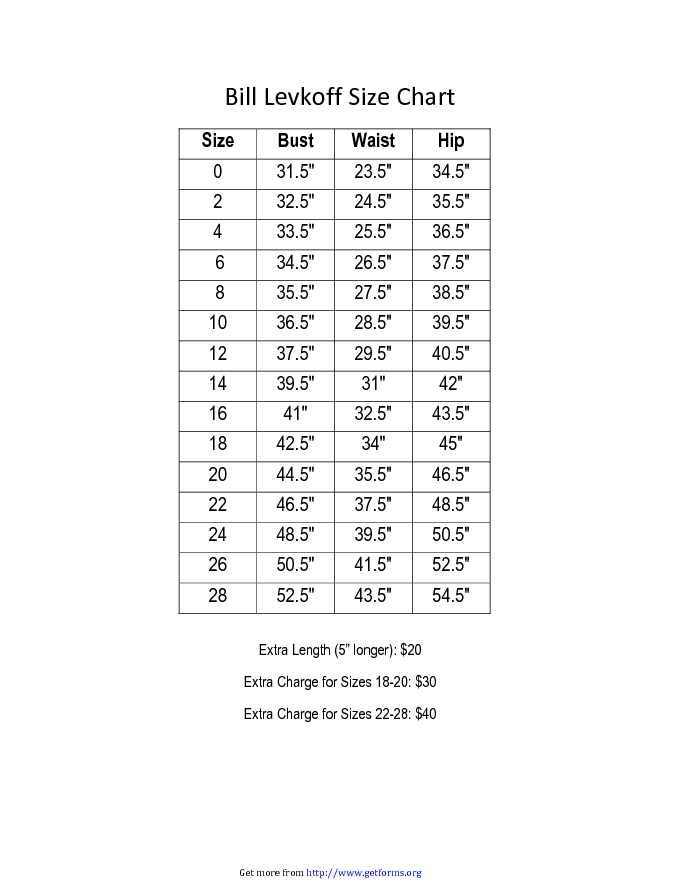 Bill Levkoff Size Chart