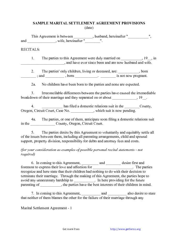 Sample Marital Settlement Agreement Provisions