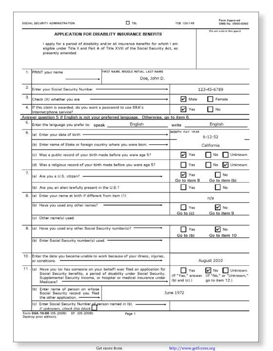 Application For Disability Insurance Benefits