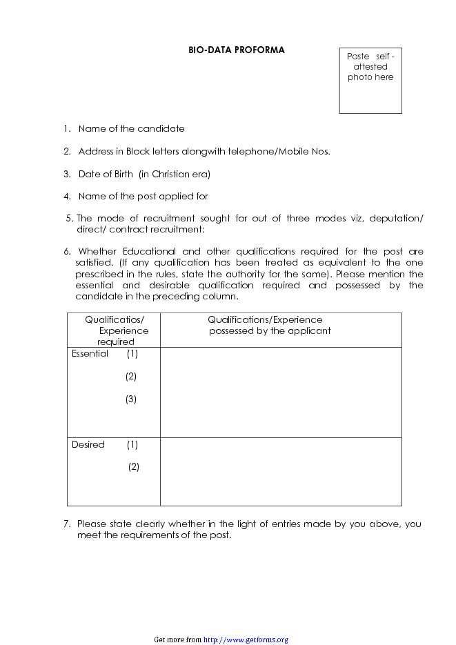 Bio Data Form for Job