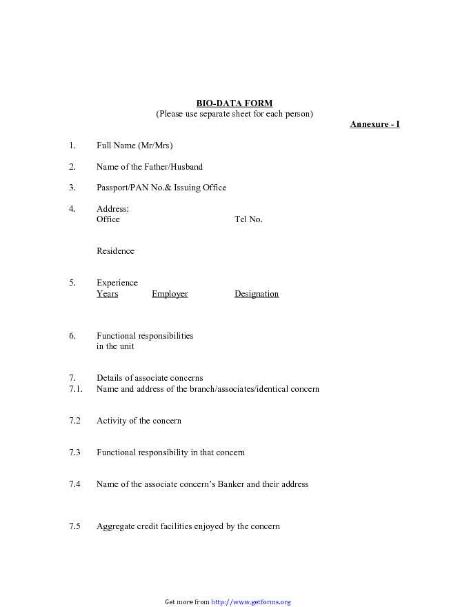 Bio Data Form Format