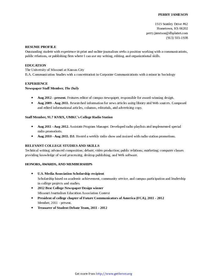 Resume Sample College Student Academic