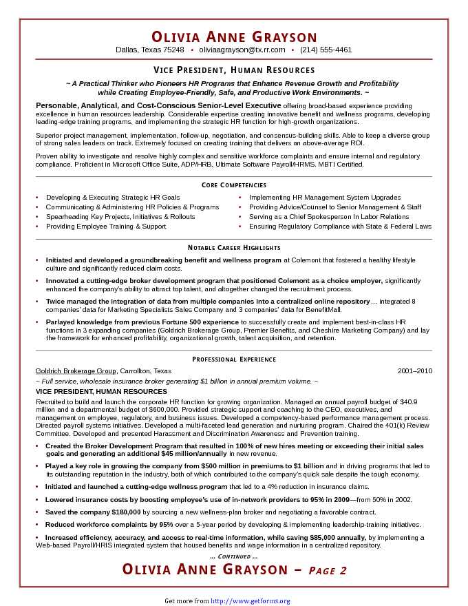 Executive Resume Sample For HR VP