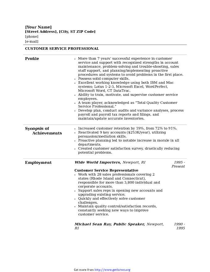 Customer Service Resume Template 1