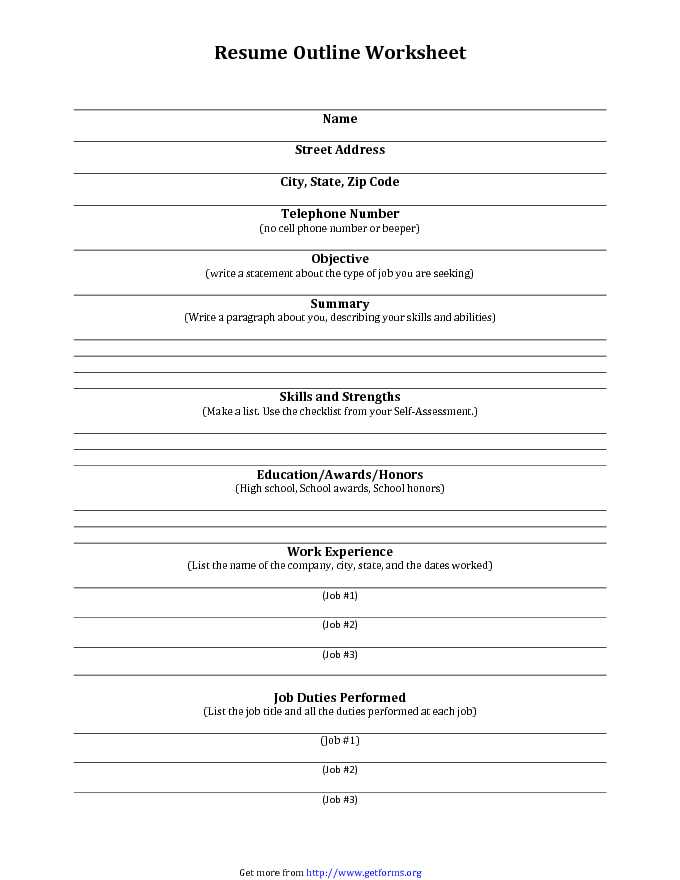 Resume Outline Worksheet