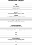 Resume Outline Worksheet form