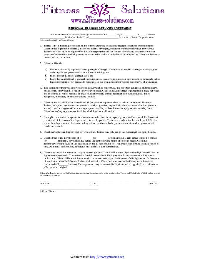 Personal Training Agreement Sample 2