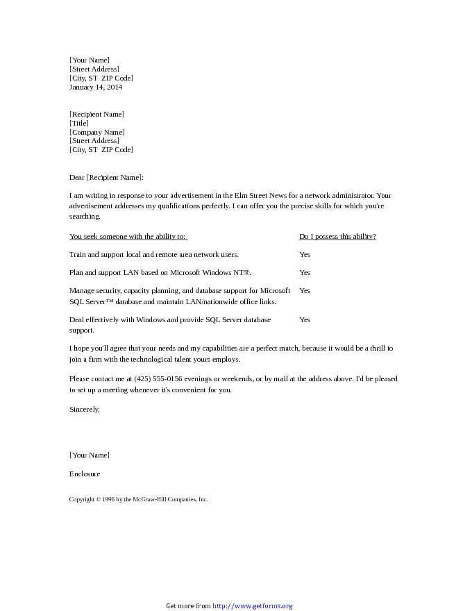 Resume Cover Letter for Network Administrator