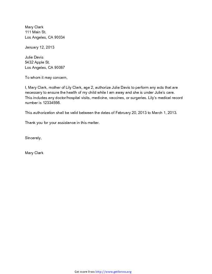 Sample Health Authorization Letter