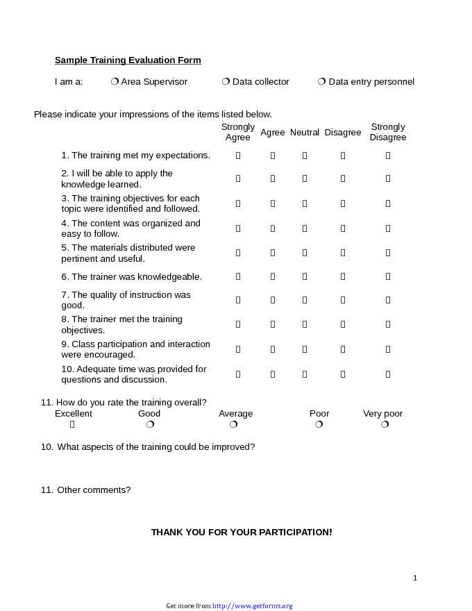 Sample Training Evaluation Form