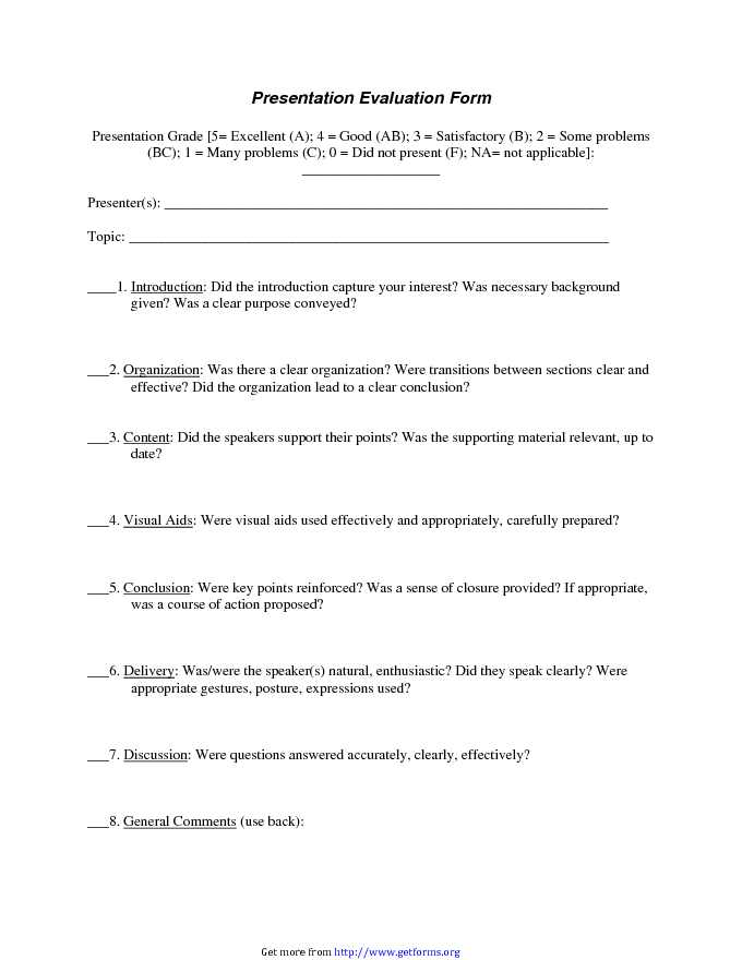 Evaluation Form for Presentation