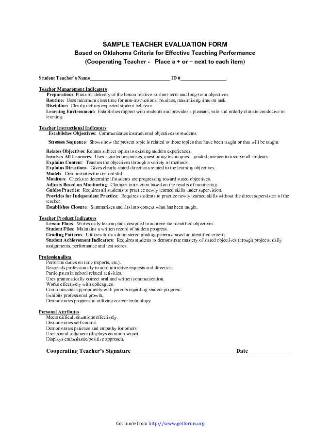 Sample Teacher Evaluation Form