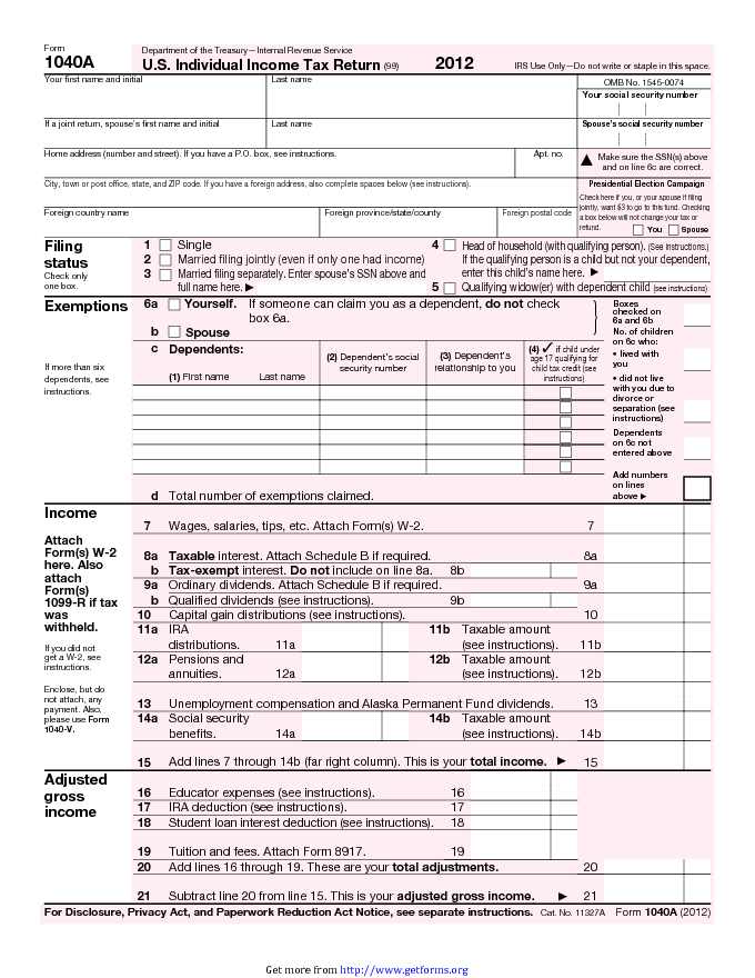 1040A Form 2012