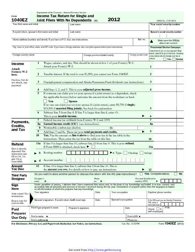 1040EZ Form 2012