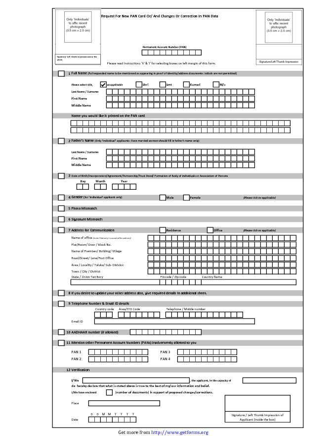 Pan Card Correction Form