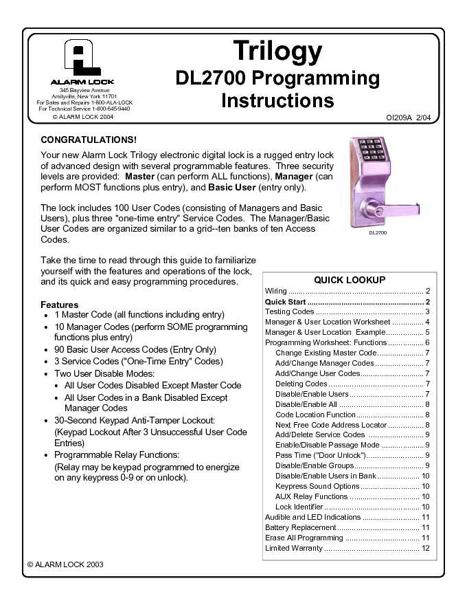 Alarm Lock Programming Instructions Manual Sample