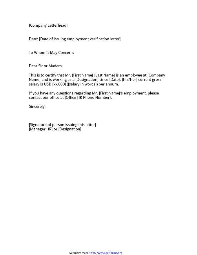 Employment Verification Letter for US Visa