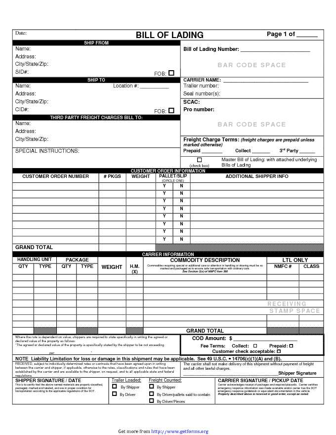 Bill of Lading Form 1