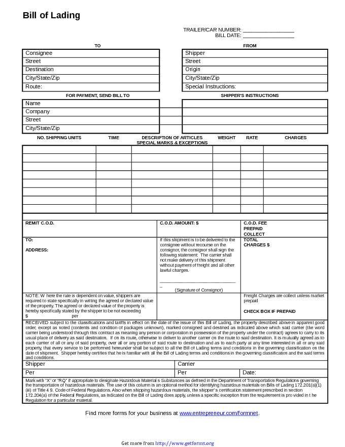 Bill of Lading Form 2