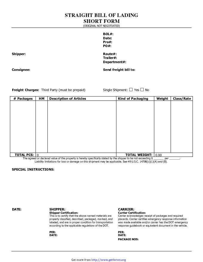 Straight Bill of Lading Short Form 1