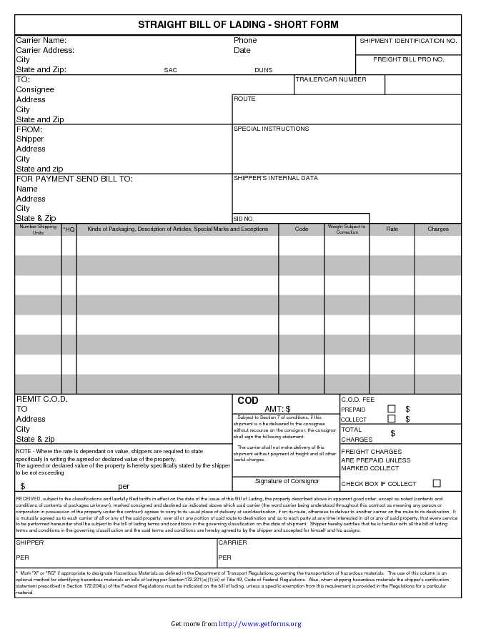 Straight Bill of Lading Short Form 2