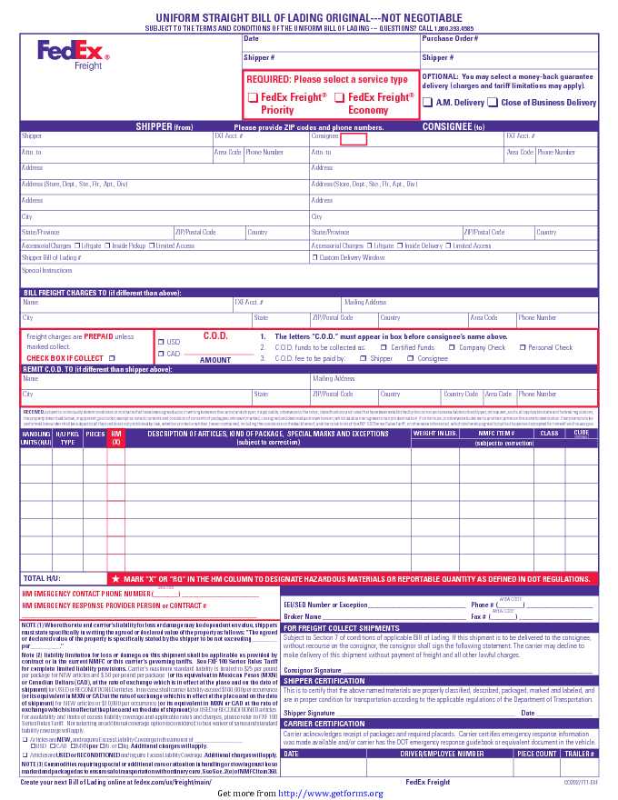 Uniform Straight Bill of Lading Original