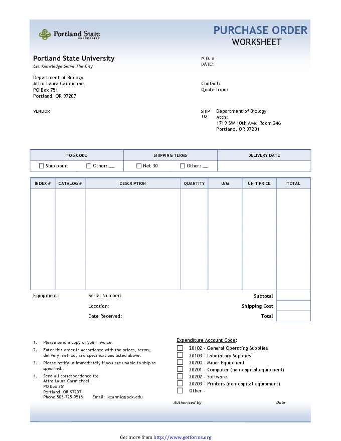 Purchase Order Worksheet