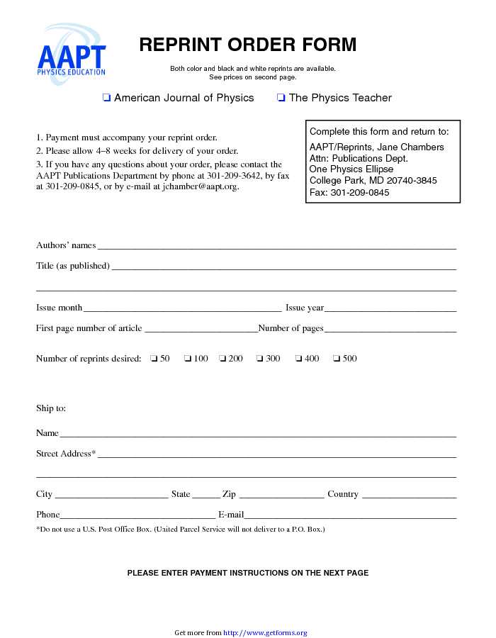 Reprint Order Form