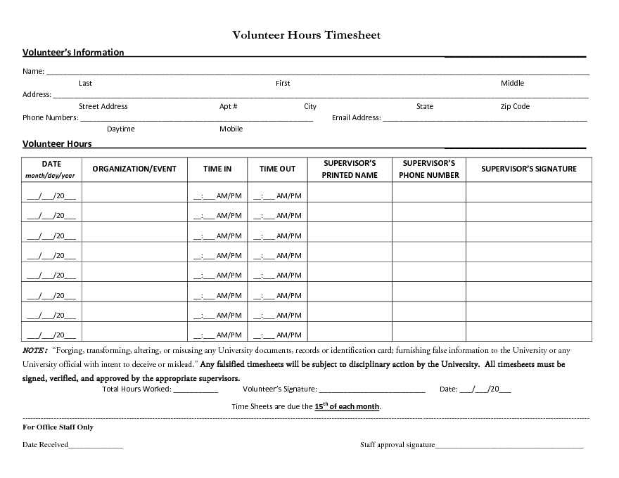 Volunteer Hours Timesheet