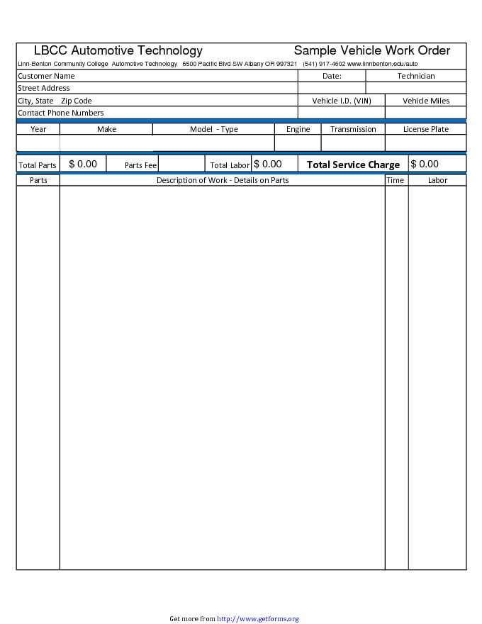 Automotive Work Order Template