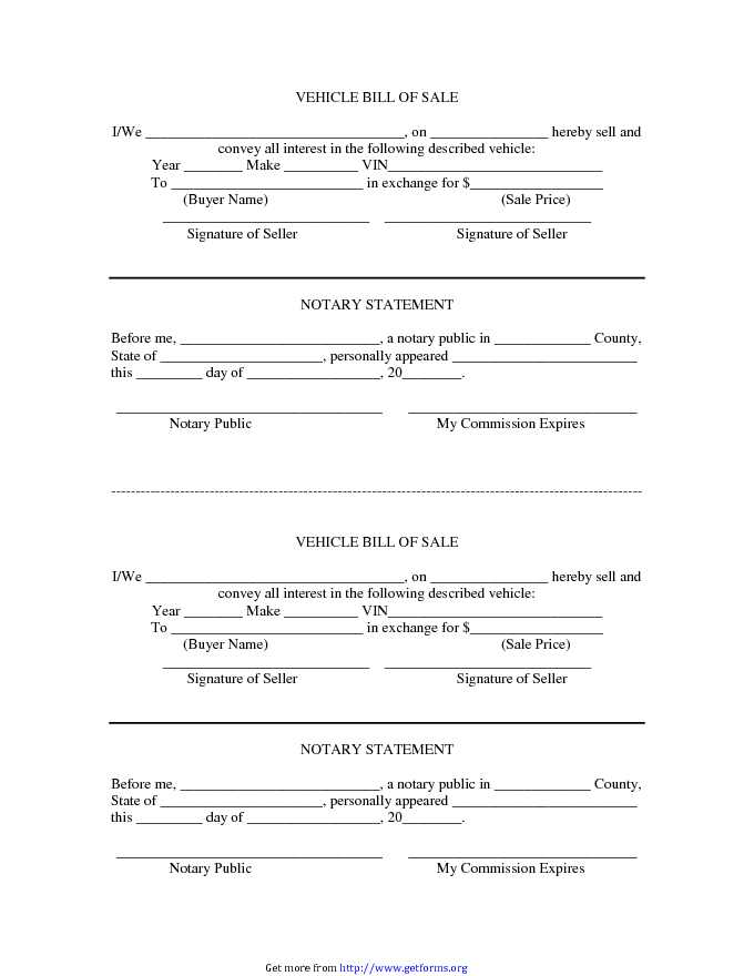 Vehicle Bill of Sale With Notary Template