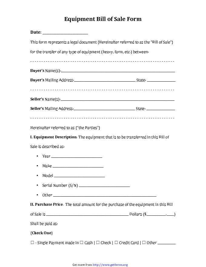 Equipment Bill of Sale Form