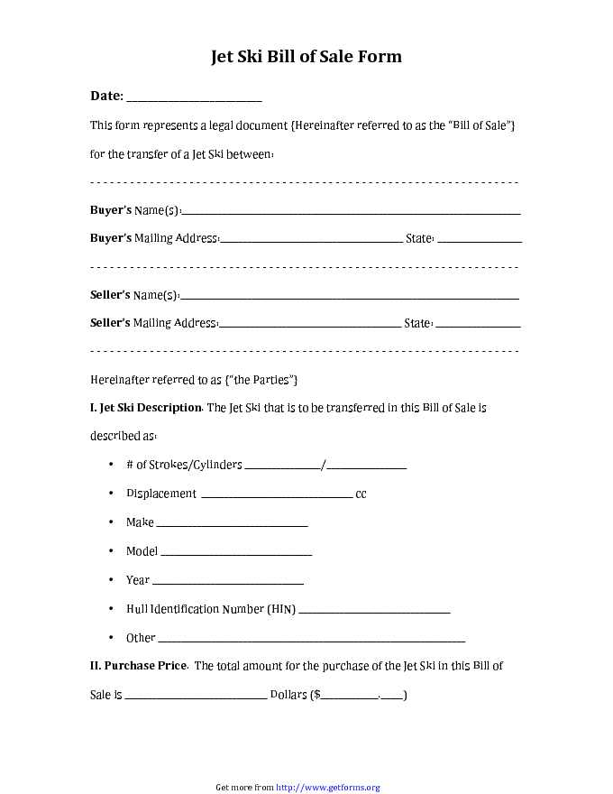 Jet ski Bill of Sale Form