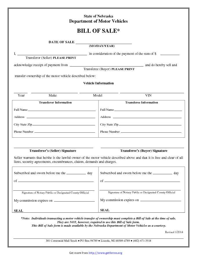 Bill of Sale - Nebraska Dmv