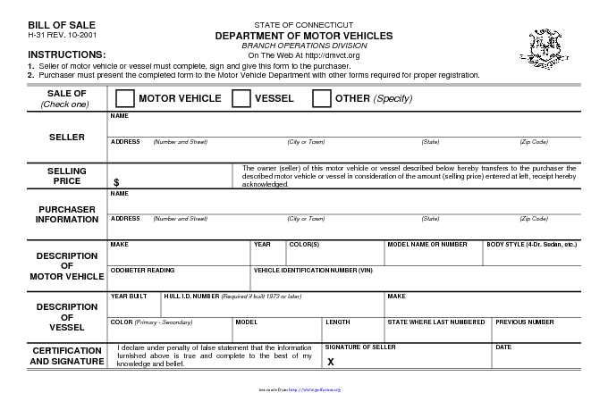 Bill of Sale Department of Motor Vehicles