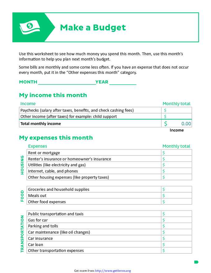 Downloadable Budget Worksheet